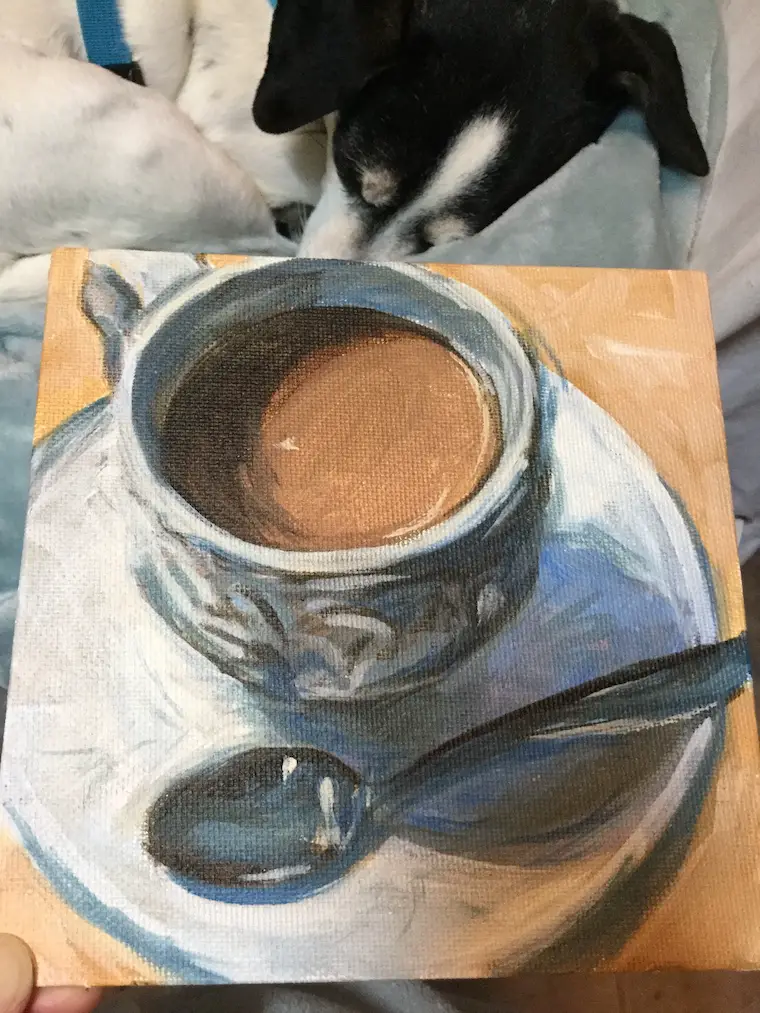 Painting silver objects - chai tea in progress with Penelope sleeping in the background