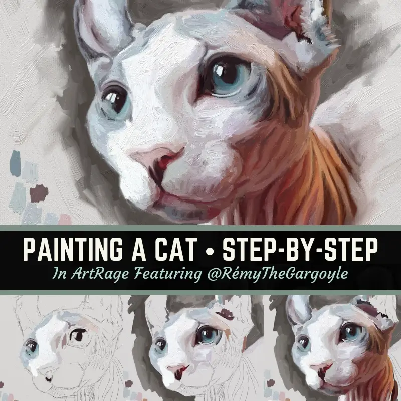 Painting a cat in ArtRage step-by-step featuring Rémy the gargoyle