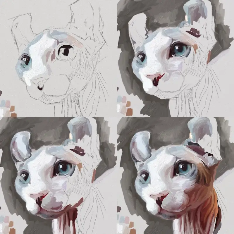 Painting a cat step by step in ArtRage featuring Remy the Gargoyle Sphynx hairless cat