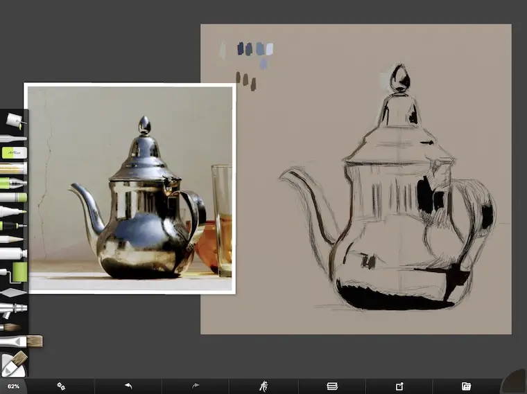 tips for painting silver digitally in ArtRage pencil drawing teapot dark paint