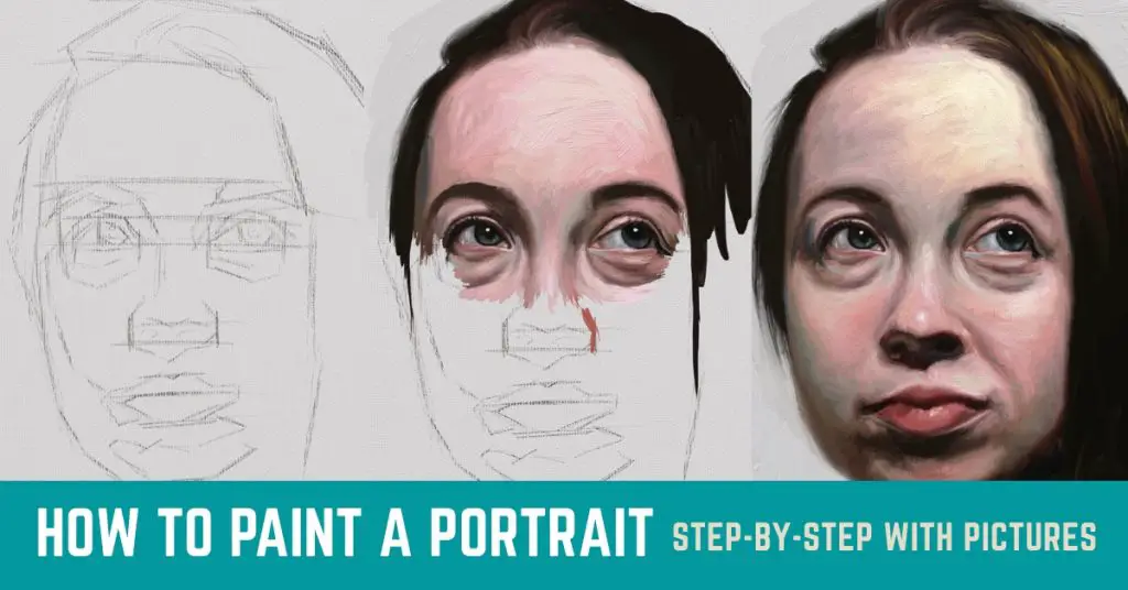 image shows a 3 stage progression of a digital portrait painting from sketch to finish. Text reads "how to paint a portrait step-by-step with pictures"