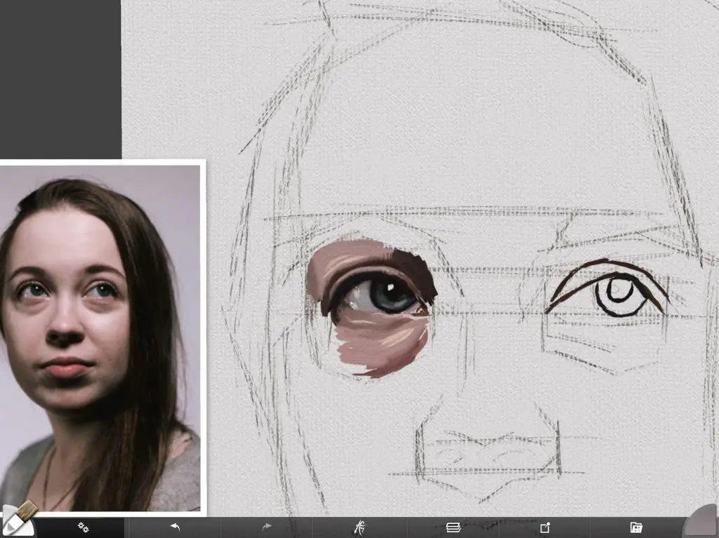 Digital portrait painting modulating skin around eye