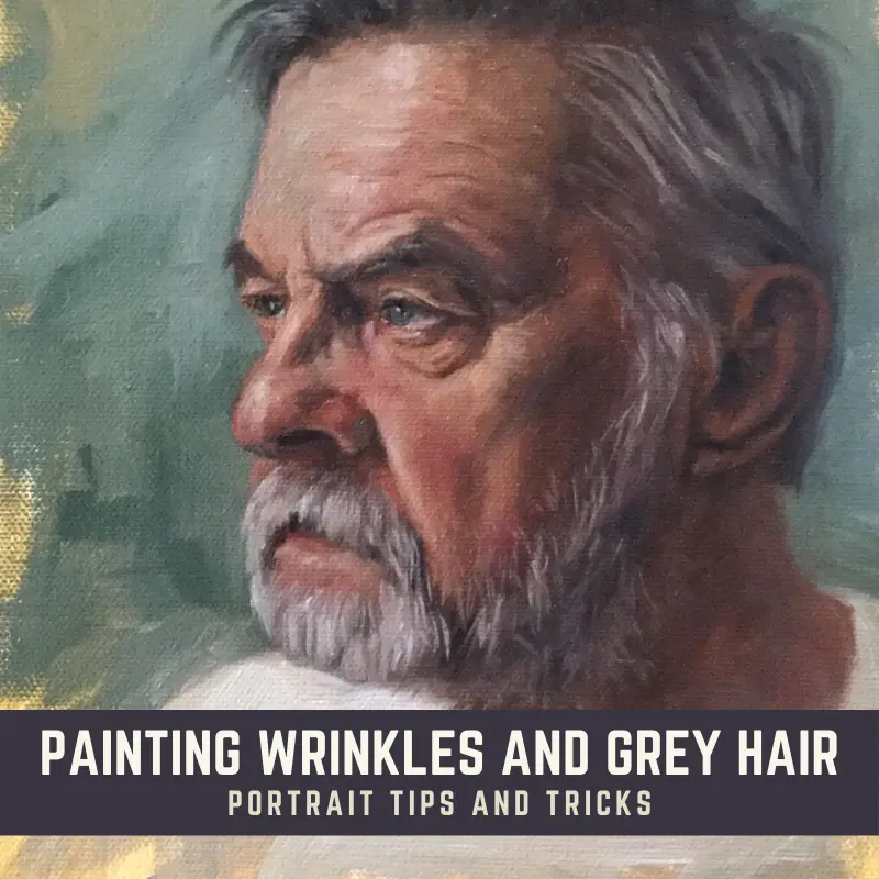 painting wrinkles and grey hair article title graphic showing a man with grey hair and grey beard