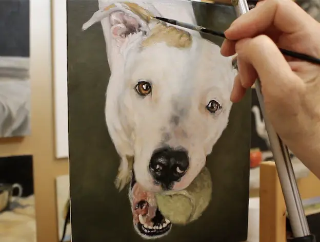 Painting the ear on a pet portrait painting of a pit bull.