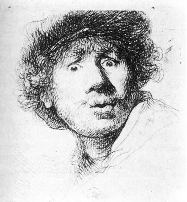 Line drawing of Rembrandt self-portrait, starien