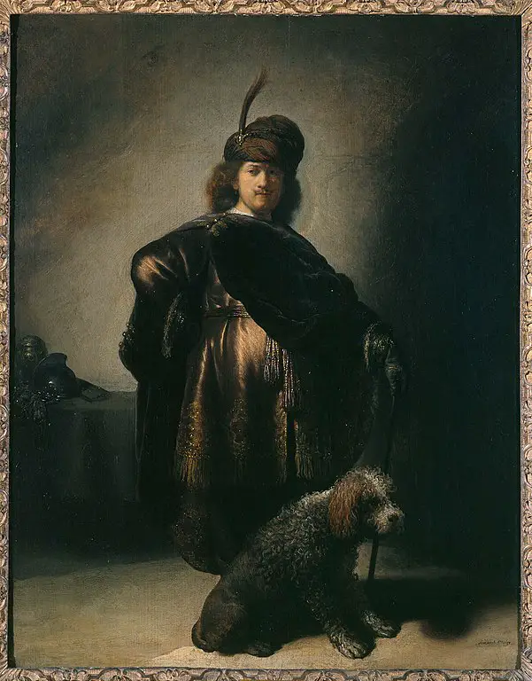 Self-portrait in oriental attire with poodle, by Rembrandt 1631