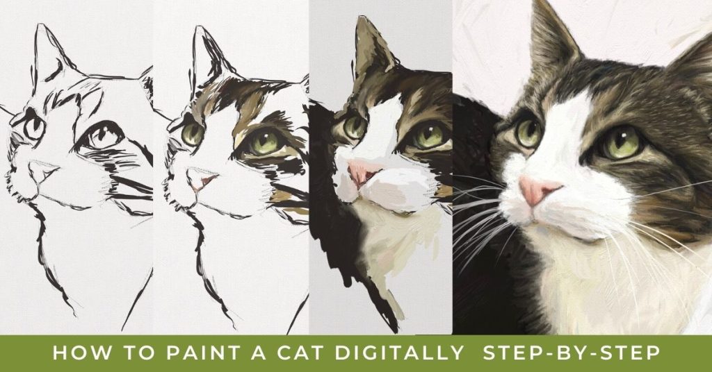 four part progression of a tabby cat painted on the iPad from sketch to finished portrait. Text reads "how to paint a cat digitally step-by-step.