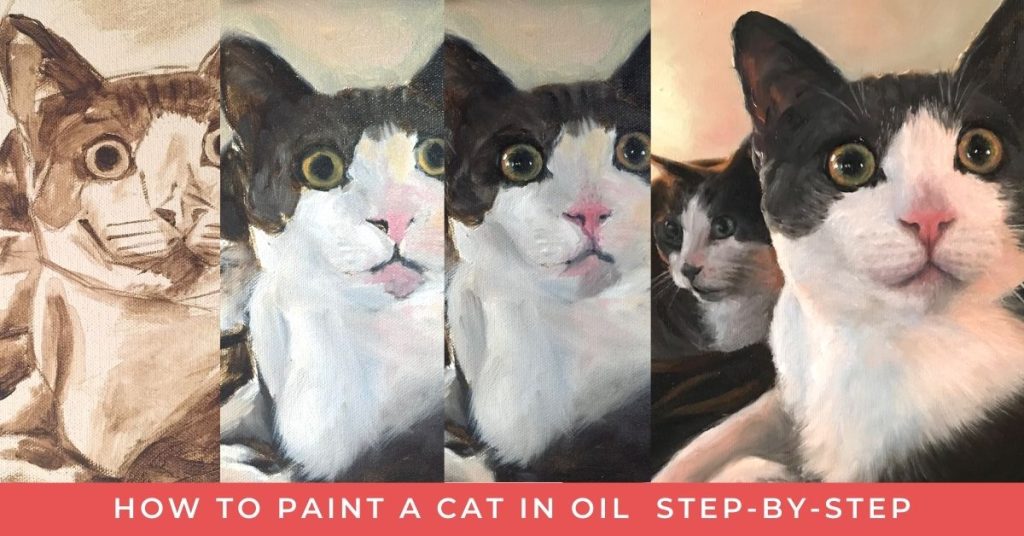 image shows an oil portrait painting of a grey and white cat in 4 stages from sketch to finish. Text reads "how to paint a cat in oil step-by-step"