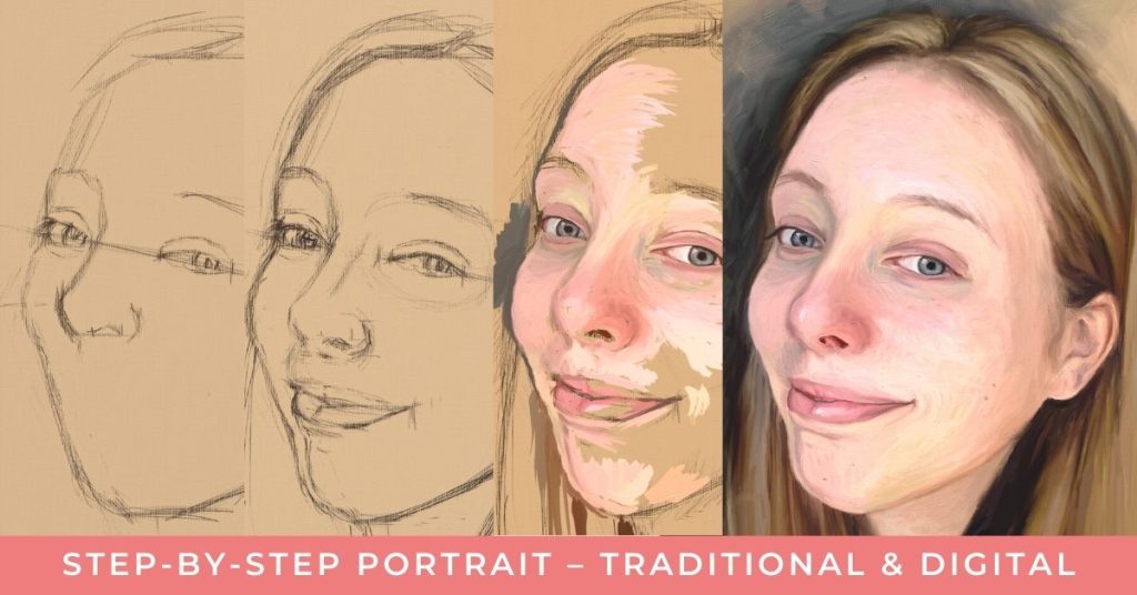 image shows a progression of a digital portrait painting of a young woman from sketch to finish. Text reads "step-by-step portrait - traditional & digital"