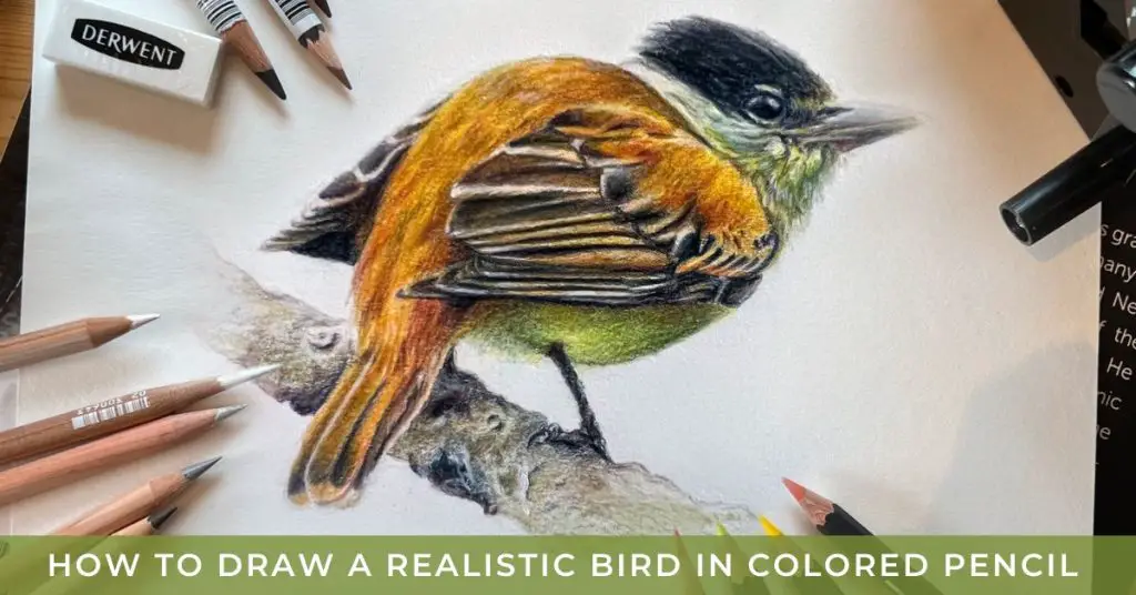 image shows a colorful bird drawing on a piece of white paper surrounded by various colored pencil, erasers and sharpener. Text reads "how to draw a realistic bird in colored pencil"