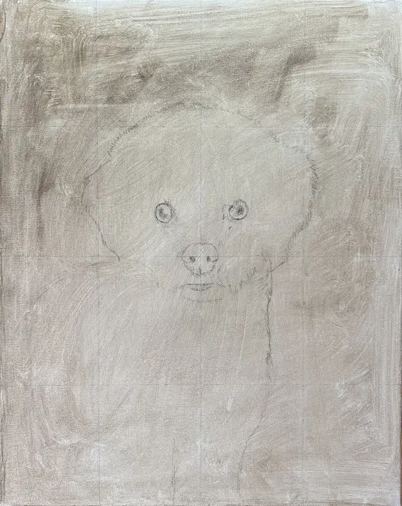 Image of a canvas toned with burnt umber with a charcoal sketch of a dog with curly white fur by Shelley Hanna.