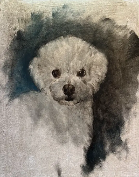 Image of a painting in progress of a dog with curly white fur with the first pass of color by Shelley Hanna.
