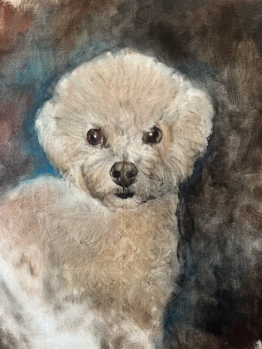 Image of a painting in progress of a dog with curly white fur by Shelley Hanna, with shadows being added to indicate curls.