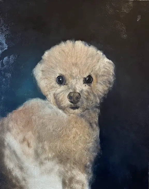 Image of a painting in progress of a dog with curly white fur by Shelley Hanna. Dark blue background added.