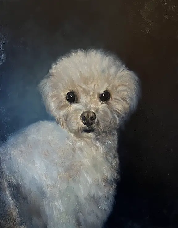 Image of a painting in progress of a dog with curly white fur by Shelley Hanna. Applying the first layer of the fur color.