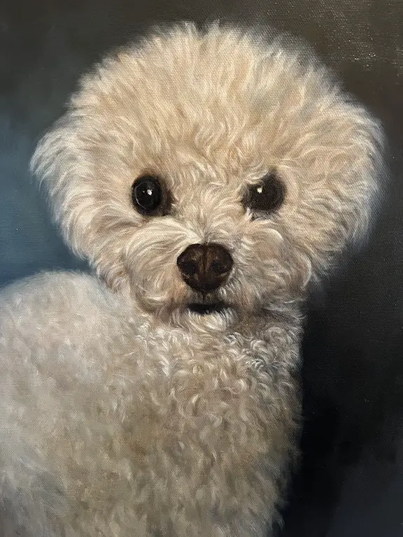 Close up shot of a painting of a dog with curly white fur by Shelley Hanna.